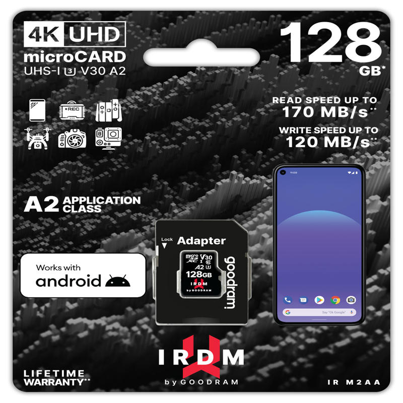 Goodram MicroSDXC IRDM M2AA 128GB with adapter U3 V30 A2 170MB/s C10 UHS-I