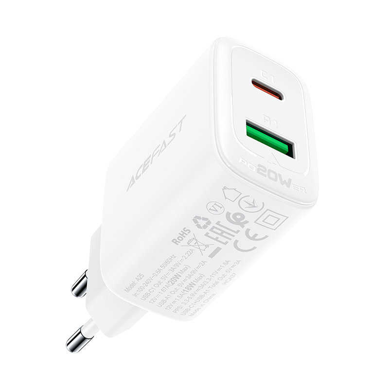AceFast Wall Charger Type-C / USB 20W, PPS, PD, QC 3.0, AFC, FCP (A25) white