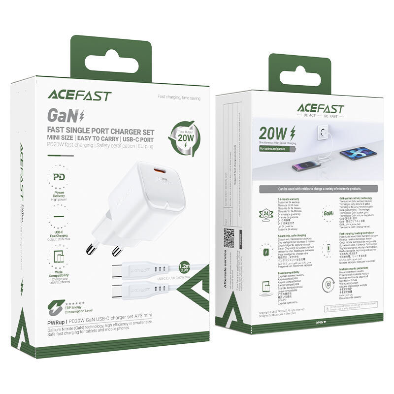 Acefast A73 Mini PD GaN Wall Charger 30W Type-C + Cable (white)