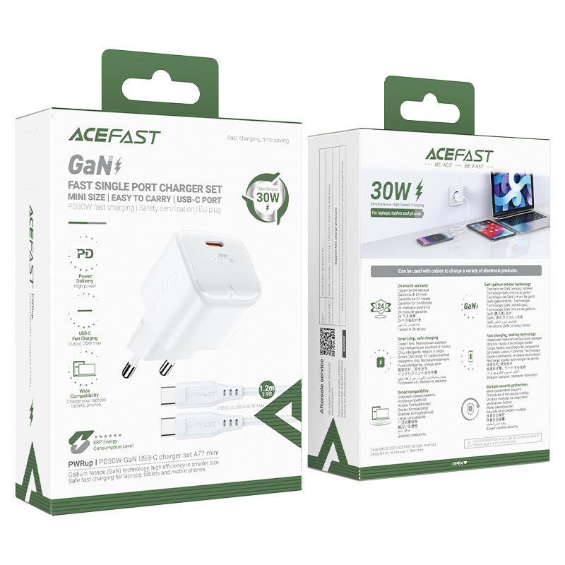 Acefast A77 Mini PD GaN Wall Charger 30W Type-C + Cable (white)