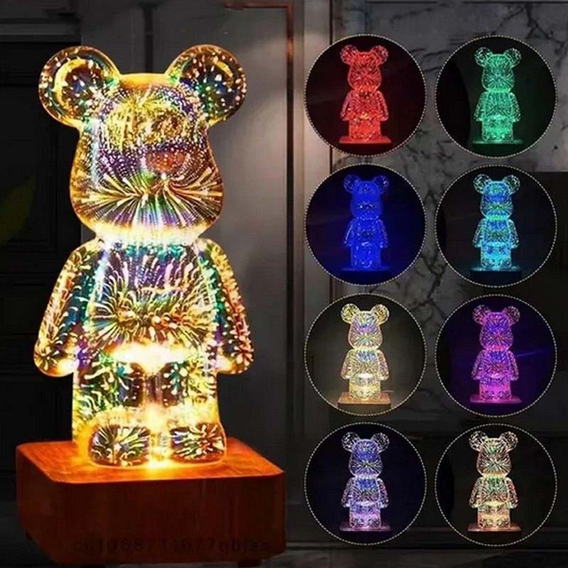 Bear 3D Γυάλινο Αρκουδάκι με Ξύλινη Βάση Διακοσμητικό Φωτιστικό RGB (L3GFBD)