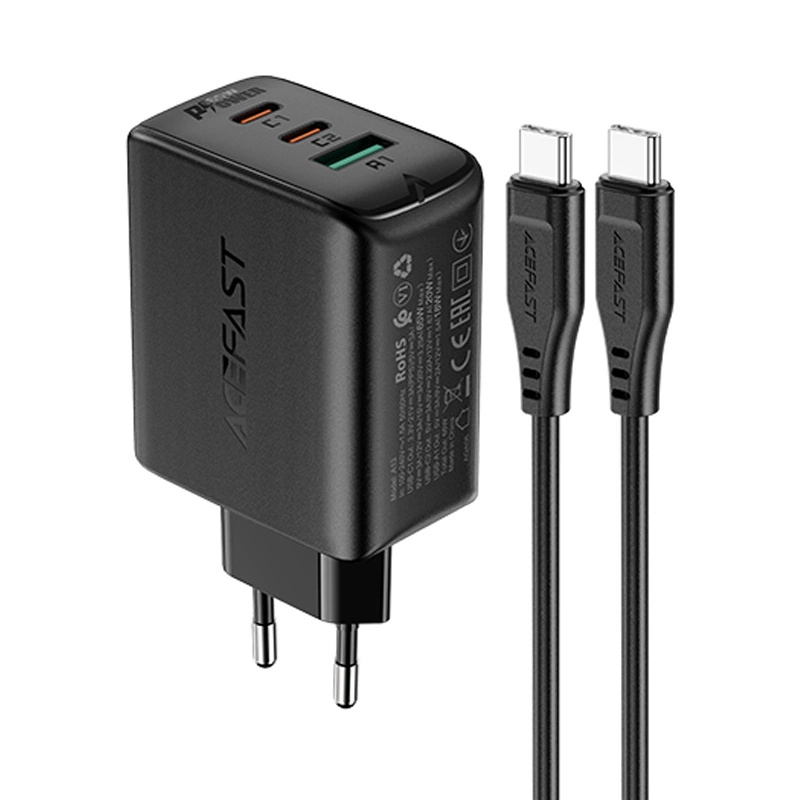 Acefast A13 Wall Charger 2x Type-C / USB-A 65W PD QC3.0 AFC FCP (with Type-C Cable 1.2m) black