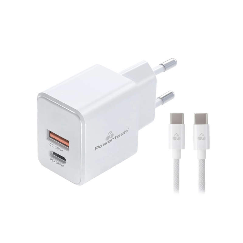 Powertech 1249 GaN Wall Charger 30W Type-C PD with 60W Cable (white)