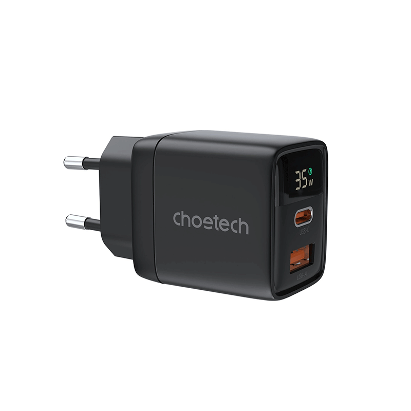 Choetech PD6052 GaN Wall Charger 35W Type-C / USB-A PD with display (black)